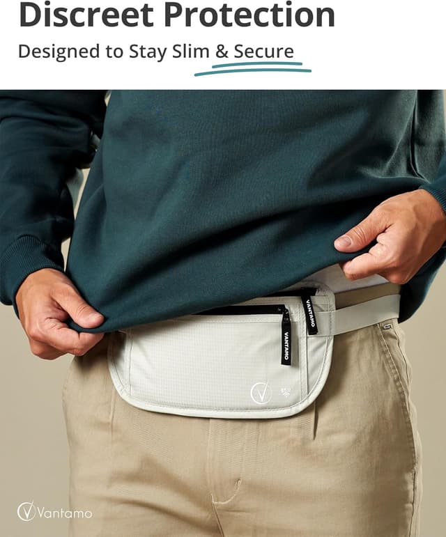 Detalle 2 de Vantamo Bauchtasche Damen/Herren ultraflach mit RFID-Schutz – 2 Fächer, verstellbarer Gurt, für Reisen & Lauf/Wandern