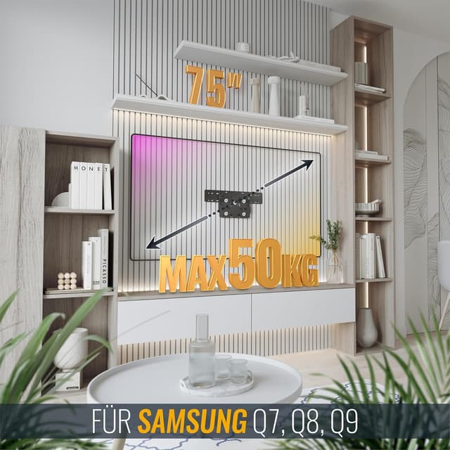 Detalle 2 de RICOO No Gap TV-Wandhalterung für Samsung Q7/Q8/Q9 QLED (75 Zoll), schwenkbar/verlängerbar, schwarz – neigbar & drehbar mit „No Gap“-Design