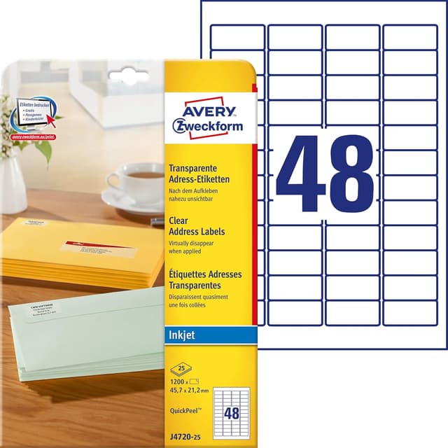 Detalle de AVERY Zweckform J4720-25 Adressetiketten (1.200 Stück, transparent, 45,7 × 21,2 mm auf A4)