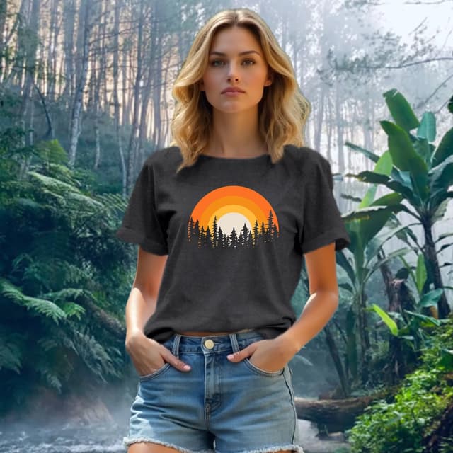 Detalle de Qskall Hiking T Shirts for Women – Forest & Sunset Adventure Tee (Outdoor Camping Top)