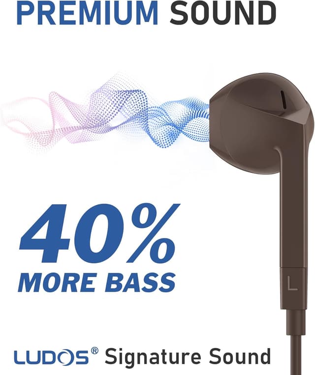 Detalle de Ludos FEROX USB-C Headphones (Earbuds with Microphone) with 5 Years Warranty, USB Type C Earphones for iPhone & Samsung – Brown