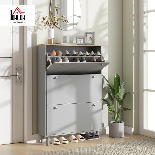 Detalle de HOMCOM Meuble à chaussures étroit 24 paires avec 3 tiroirs rabattables et étagères réglables, 80 x 23,5 x 121 cm, gris