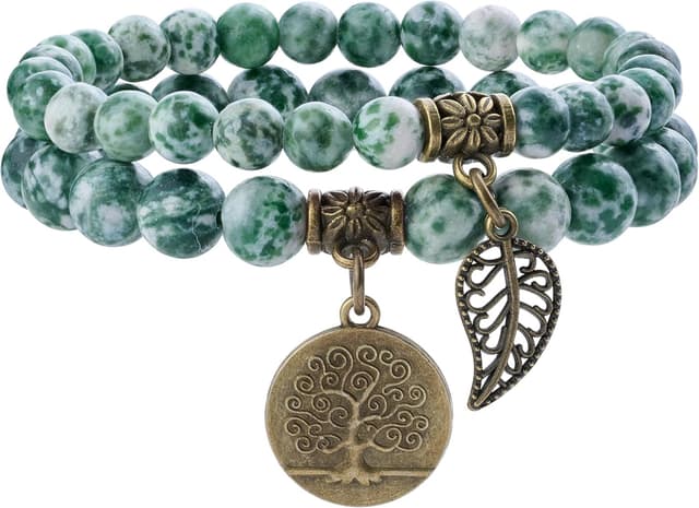 Detalle de Farfume Chakra-Armbänder für Damen mit Grünfleckjaspis – Set aus zwei Armbändern (Yoga, Reiki)