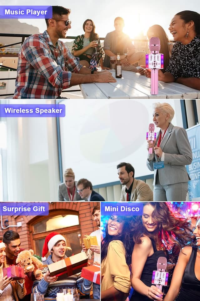 Detalle de BONAOK Magic Sing Karaoke-Mikrofon Bluetooth 4-in-1 (Hellrosa) – kabelloses Kinder- und Party-Karaoke