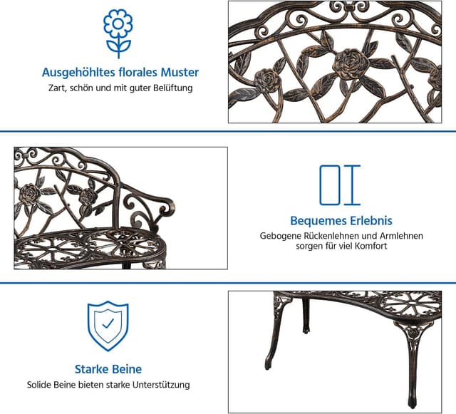 Detalle de Yaheetech Gartenbank Bronze – wetterfester Metall-Parkbank mit Rücklehne für 2 Personen