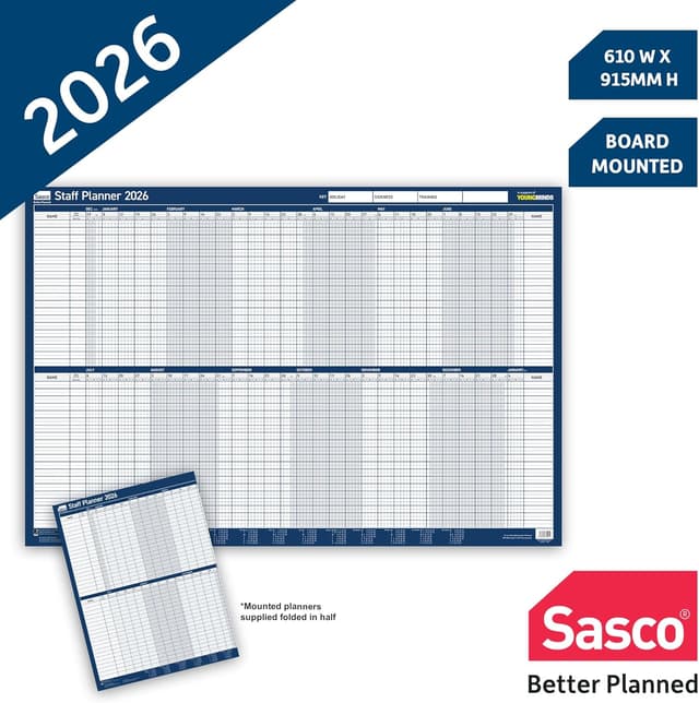 Detalle 2 de Sasco 2026 Staff Year Wall Planner (Poster Style) with Wet Wipe Pen & Sticker Kit – Blue, 91.5x61cm