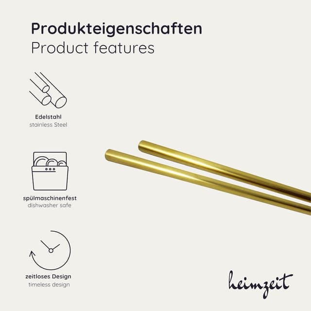 Detalle de Heimzeit Essstäbchen aus Edelstahl in Gold (5 Paar) – spülmaschinenfest & wiederverwendbar