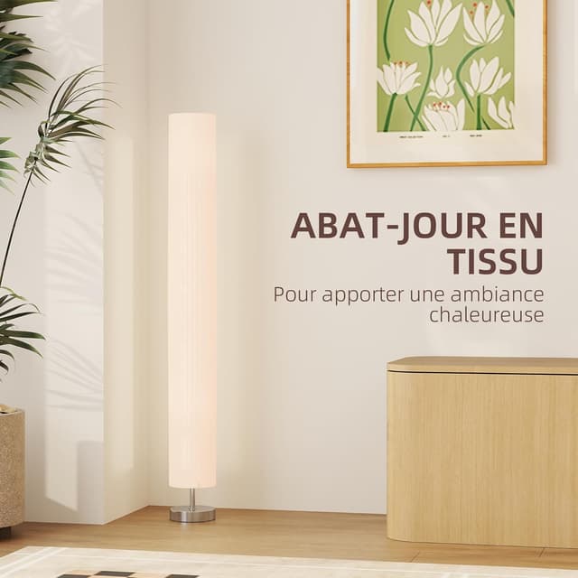 Detalle de HOMCOM lampadaire sur pied de salon moderne avec interrupteur à pied, abat-jour en tissu 120 cm, blanc