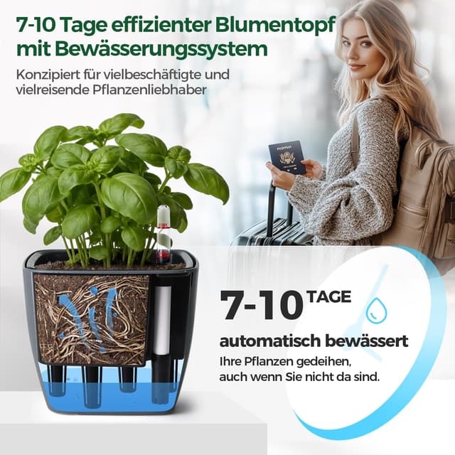 Detalle 2 de T4u 3er-Set eckige Selbstbewässerungstopfe (12,5 cm) mit Wasserstandsanzeige in Grau