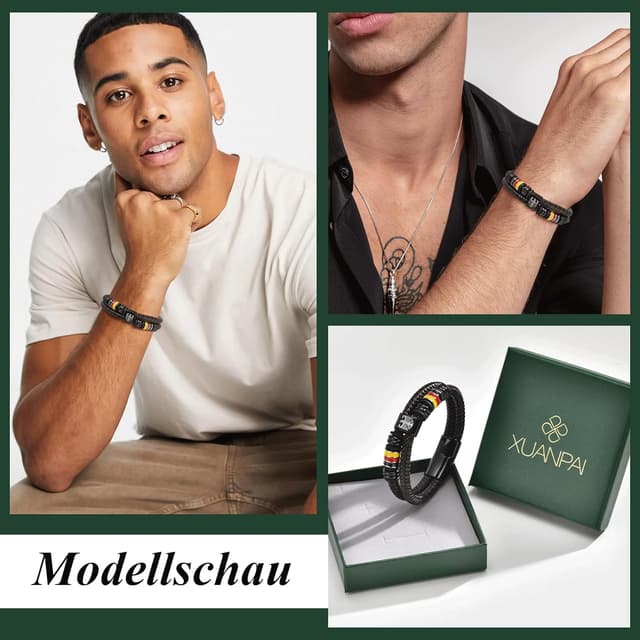 Detalle de Deutschland Adler Herrenarmband mit Edelstahl-Anhänger & Lasergravur, Lederband (21/23/25 cm), schwarz