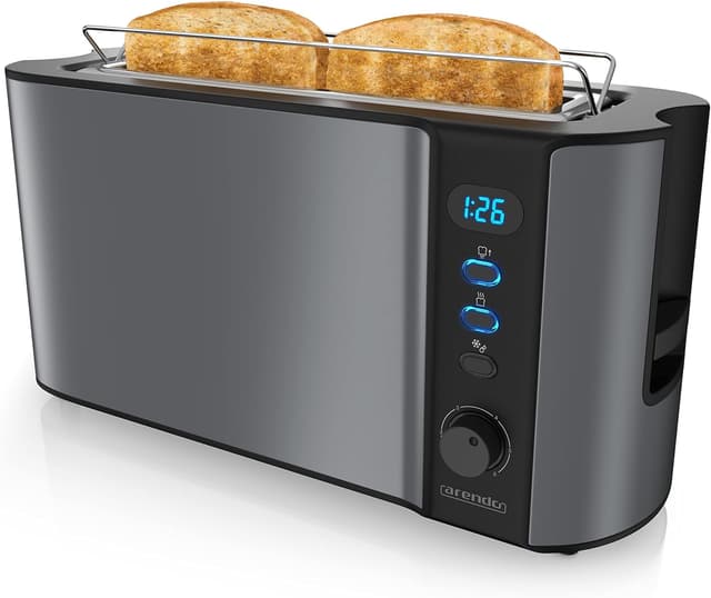 Detalle de Arendo Frukost 2-Scheiben Langschlitztoaster (Defrost, Doppelwandgehäuse, Brötchenaufsatz) – Cool Grey