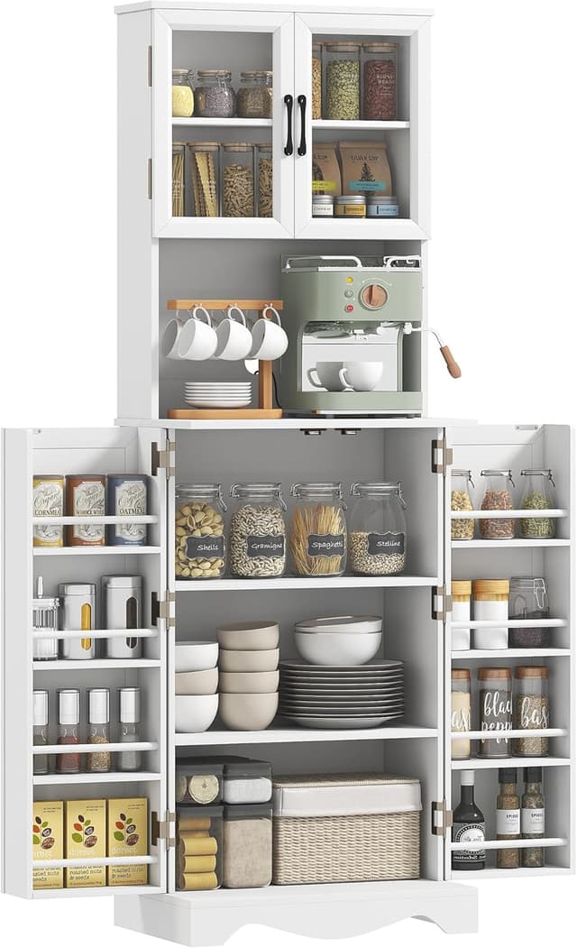 Detalle de HOMCOM buffet haut pour cuisine avec vitrine, plan de travail et 4 portes (60 x 39,5 x 179,6 cm) blanc