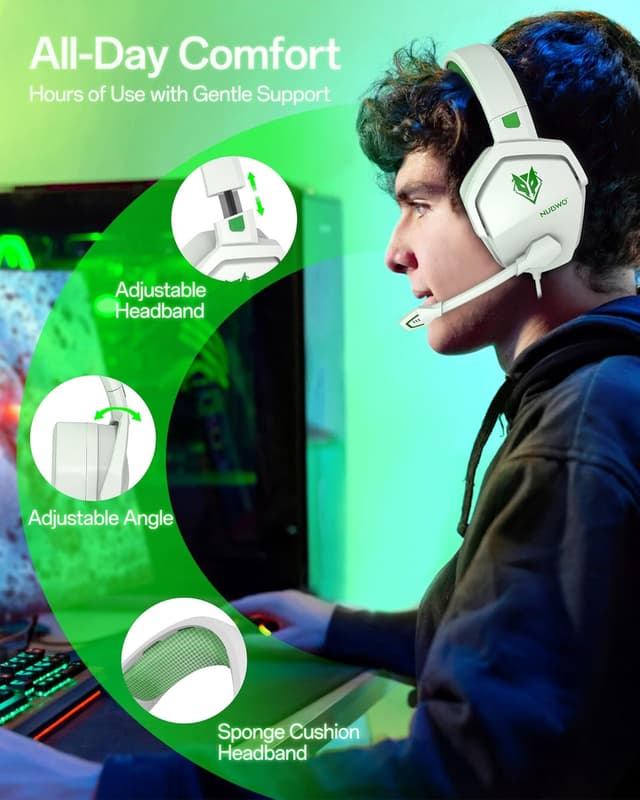 Detalle de NUBWO N16 Gaming-Headset (Mikrofon mit Geräuschunterdrückung) – Stereo-Sound für PS5/PS4, Xbox One, Switch, PC & Laptop – Weiß/Grün