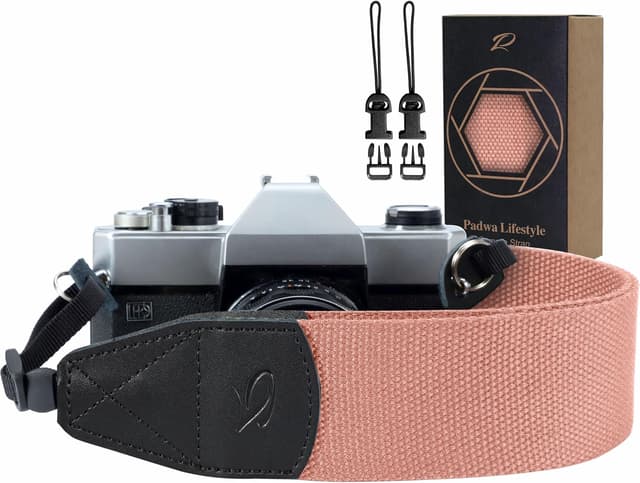 Detalle de Padwa Lifestyle Pink Camera Strap (2 inch) — cowhide head & woven cotton camera & binocular strap