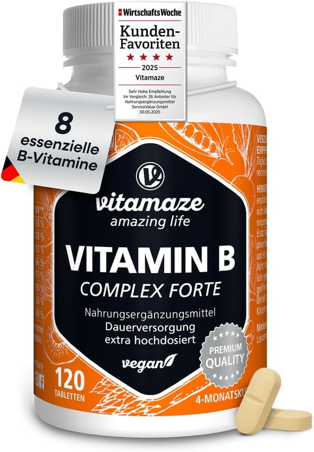 Detalle de Vitamin B-Komplex extra hochdosiert – 120 vegane Tabletten für 4 Monate mit B1 bis B12 (Methylcobalamin)
