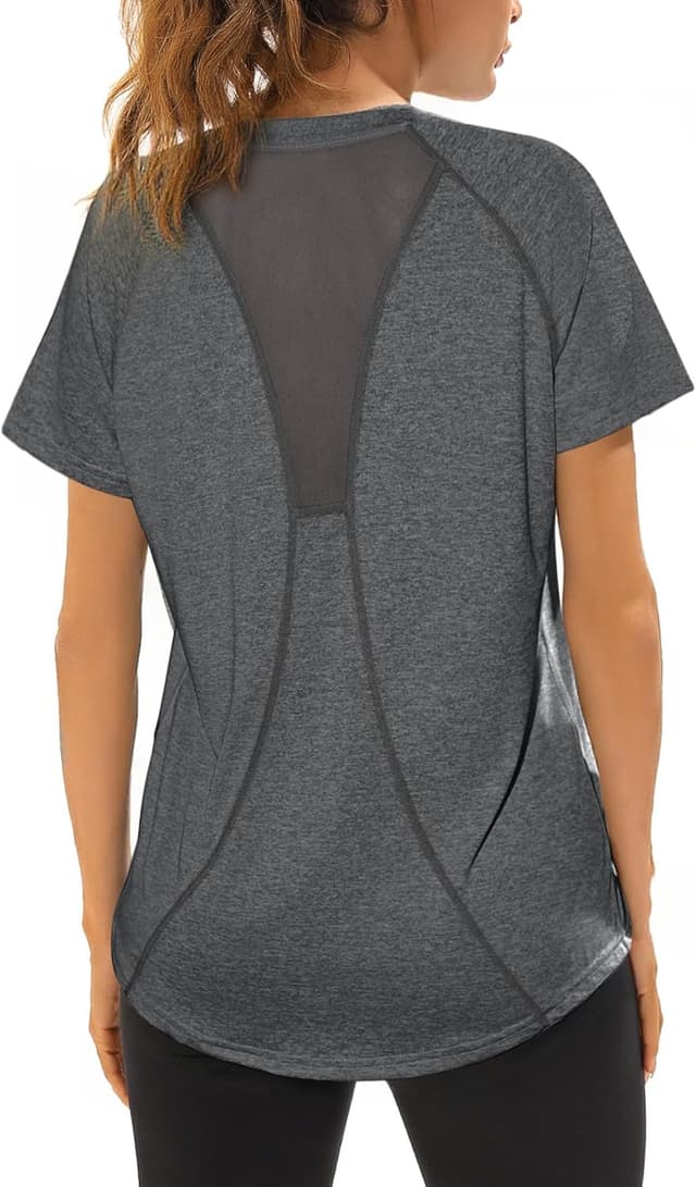 Detalle de Wayleb Damen Sportshirt mit V-Ausschnitt, Kurzarm – leichtes Funktions-Top mit Mesh-Rücken