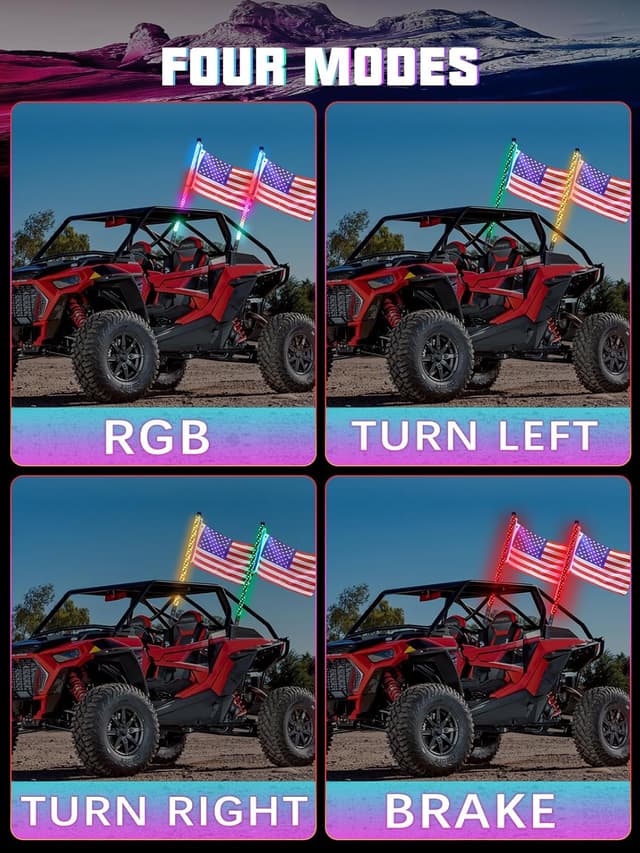 Detalle 2 de UNI-SHINE 2PCS 3FT LED Whip Lights w/ Spring Base, APP & RF Remote Control (RGB Chasing) for 12V UTV/ATV/RZR