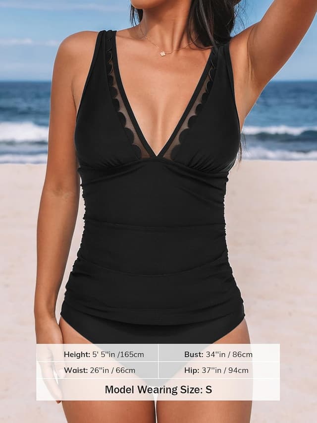 Detalle de Tankini da donna CUPSHE con scollo a V in rete smerlata, due pezzi a vita media