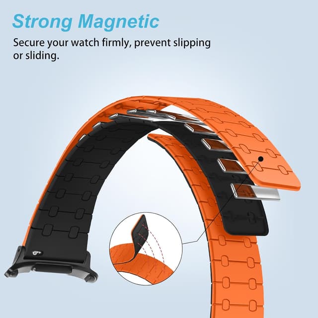 Detalle 2 de Amizee No Gap Magnetic Sport Silicone Strap for Samsung Galaxy Watch Ultra 47mm (Orange/Black)