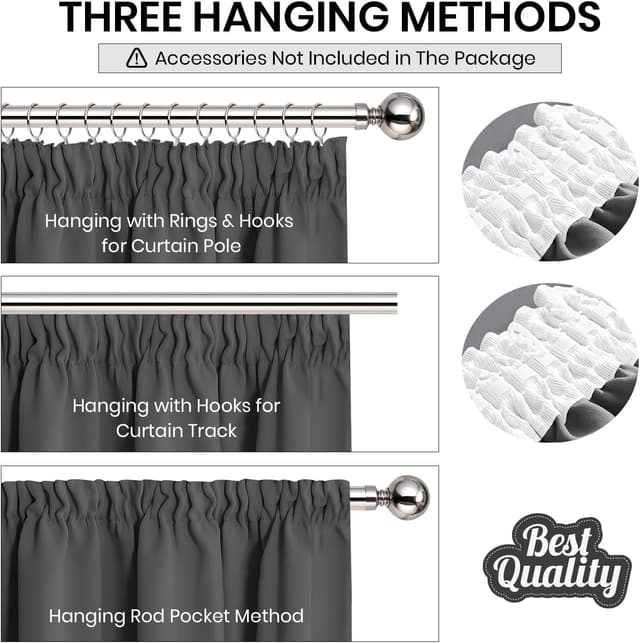 Detalle de Aspire Homeware Grey Blackout Pencil Pleat Curtains (2 Panels) – 66x54 inch, thermal insulated with tiebacks