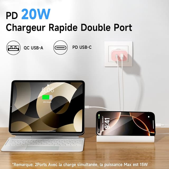 Detalle 2 de HYDOOD chargeur iPhone 20 W double port