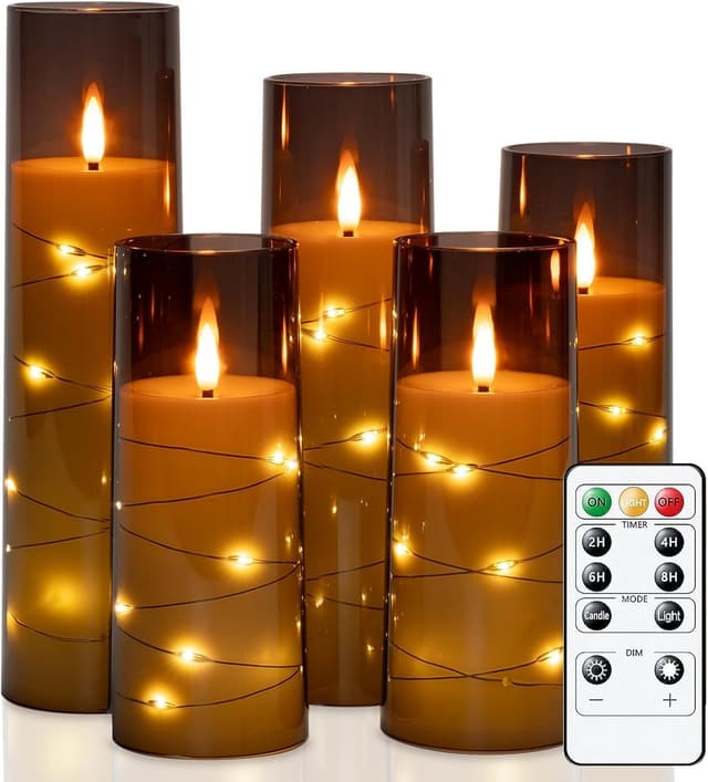 Detalle de Homemory Flickering Flameless Candles with String Lights (Set of 5) with Remote & Timer, Grey acrylic