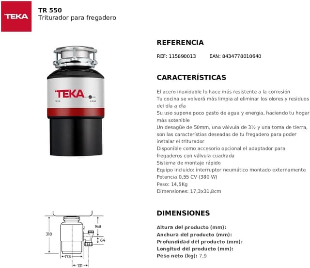 Thumbnail 6 de Teka Triturador de Fregadero 0,55 CV (380 W)