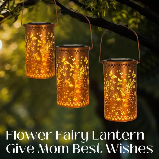 Detalle de 2 Pack Fairy Solar Lanterns Outdoor Hanging Lantern Lights with Butterfly Hollowed-Out Metal Design