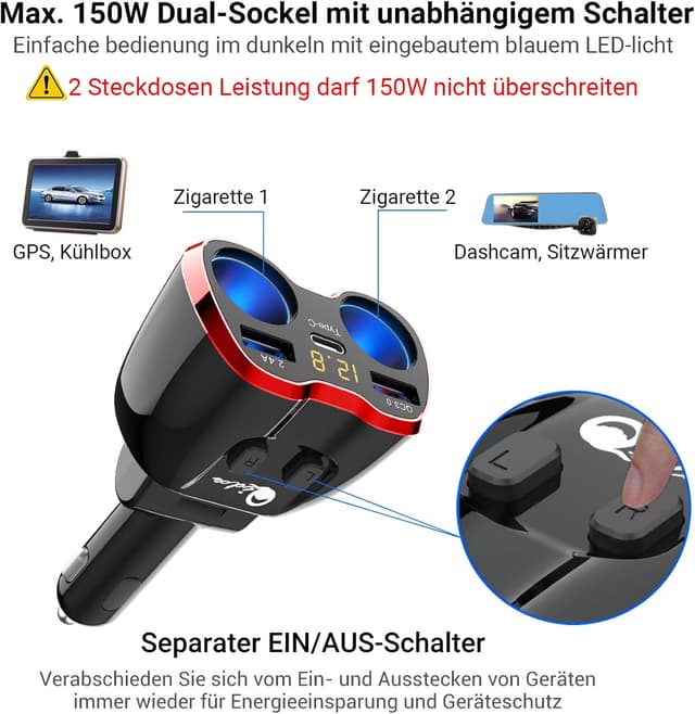 Detalle de PD3.0 Zigarettenanzünder-Verteiler 150W – 12V Kfz-Adapter mit 3× USB, Schalter & Mehrfach-Steckdose
