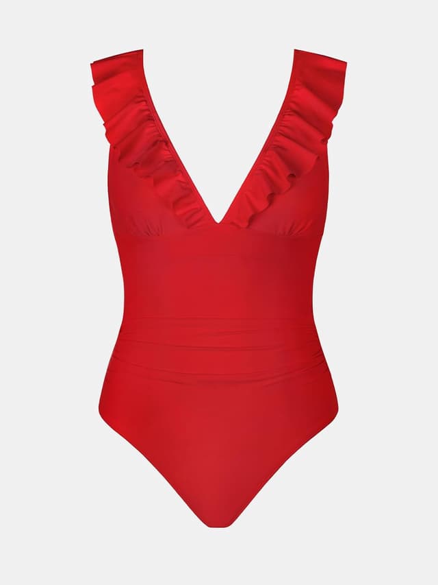 Detalle de CUPSHE women’s tummy control one-piece swimsuit with ruffle & back tie (floral print)