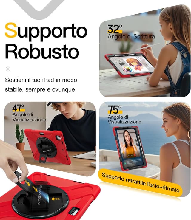 Detalle 2 de BRAECN Custodia per iPad Air 13 M4 2026/M3 2025/M2 2024 con supporto 360° e pellicola integrata, nero