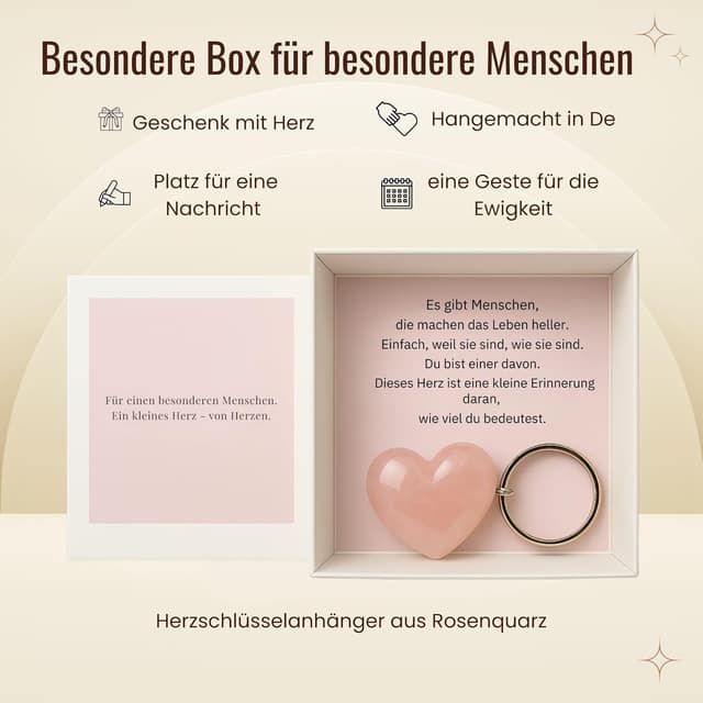 Detalle de Milaboo handgefertigte Geschenkbox mit Herzstein-Anhänger aus Rosenquarz – persönliche Stülpbox mit Botschaft