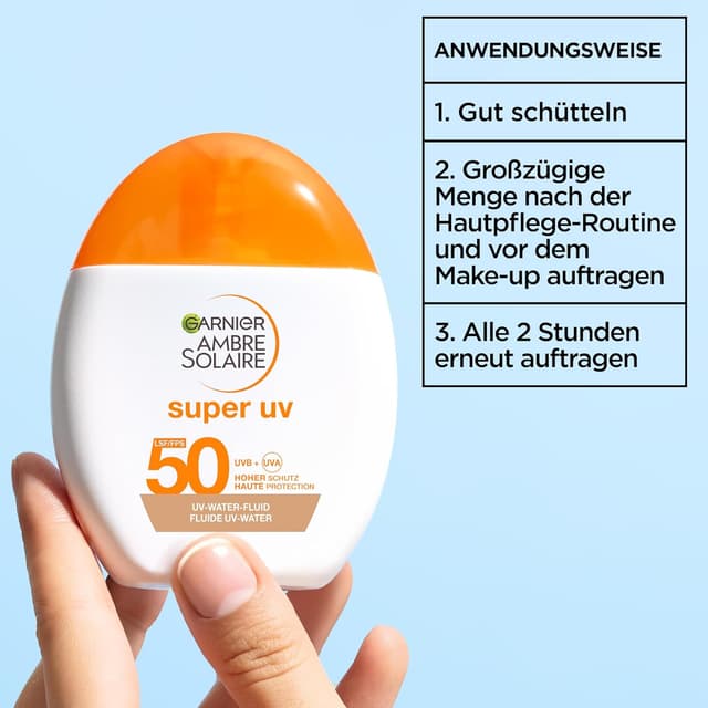 Thumbnail 6 de Garnier Ambre Solaire Super UV UV-Water-Fluid LSF 50 für das Gesicht – getönte Sonnencreme, Dry-Touch, 40 ml