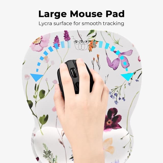 Detalle de EooCoo mouse mat with wrist support (memory foam) – ergonomic gaming desk accessory, white flowers