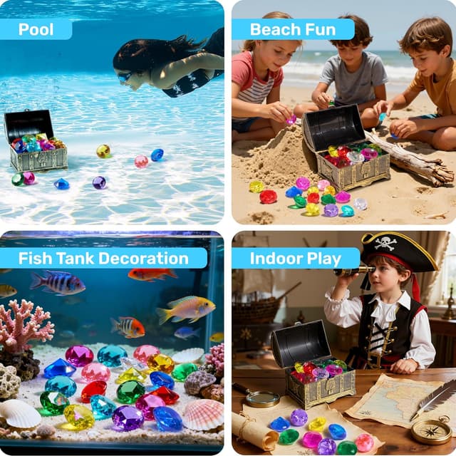 Thumbnail 6 de Sloosh Diving Toy Gemstone Set: 16 Big Colourful Diamond Gems with Pirate Treasure Chest Box