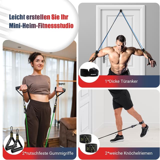 Detalle 2 de GYMERK Resistance Bands Set (5 Widerstandsstufen) mit Gummigriffen, Knöchelriemen & Türanker