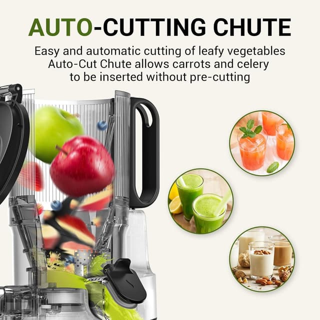 Detalle 2 de AMZCHEF Automatic Cold Press Juicer Machine (250W) with 145mm Chute and 2L Capacity, Triple Filter, Safety Lock