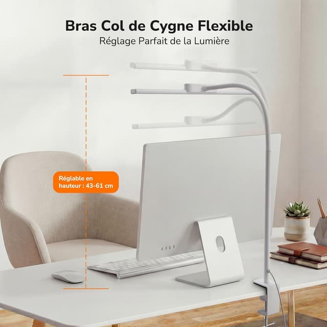 Detalle de Lepro lampe de bureau flexible à pince, 11 W, 5 modes de couleur et 5 niveaux de luminosité (blanc)