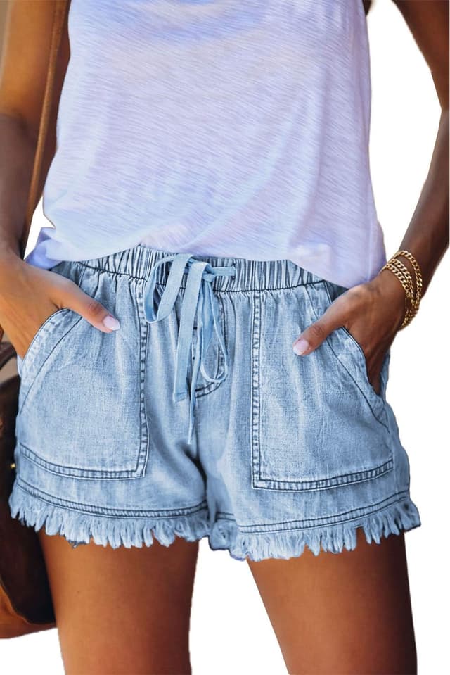 Detalle de HVEPUO Damen Baumwoll-Leinen Shorts mit Gummibund & Kordel – weite Hotpants für Sommer