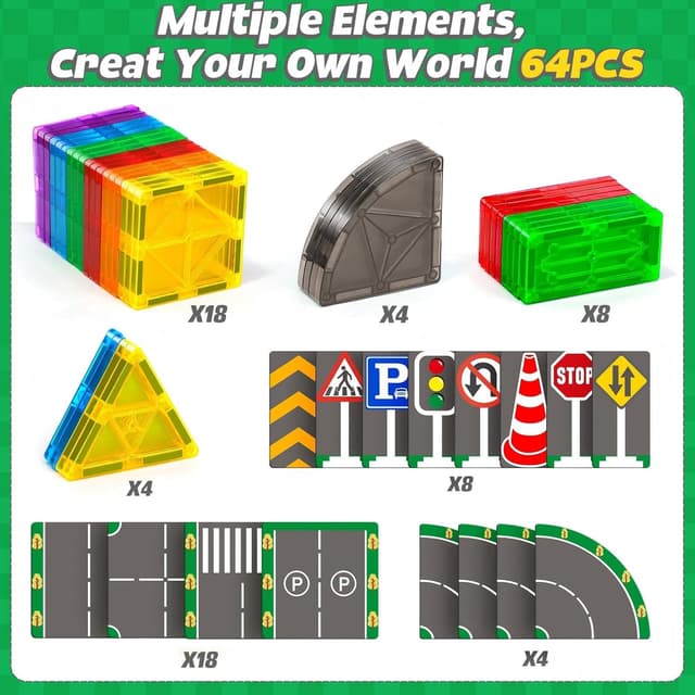 Detalle 2 de obakaer 64-teilige magnetische Bausteine Straßenaufsatz-Set mit Magnetfliesen (STEM) – für Kinder ab 3 Jahren