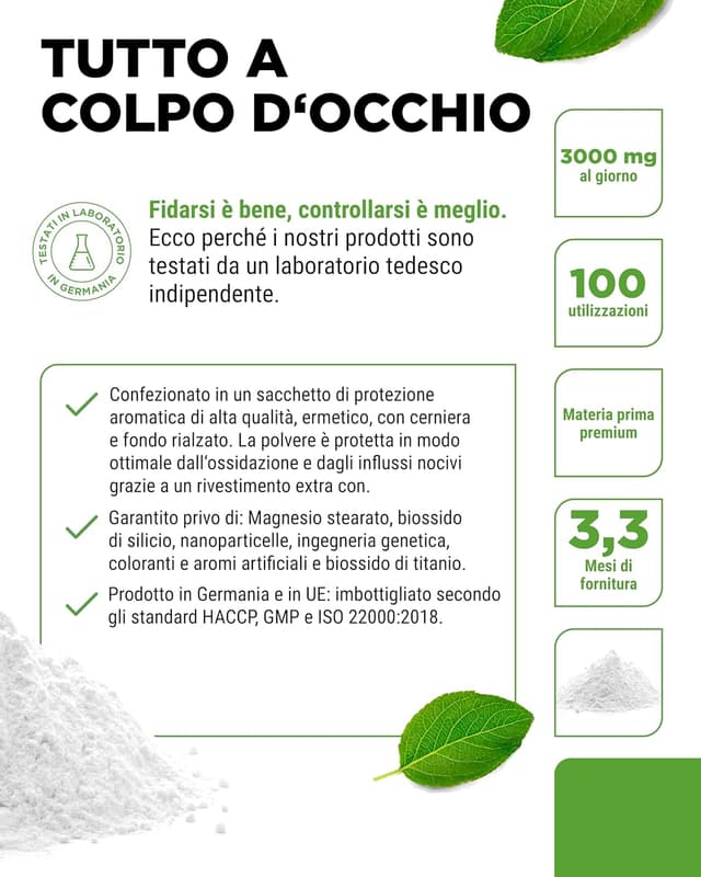 Detalle 2 de L-Carnitine Pure 300 g in polvere (L-Carnitina Tartrato) – 100 porzioni da 3 g, 100% vegano