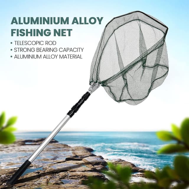 Detalle de KK'S GLAMS Telescope Fishing Landing Net (Foldable 1.5m Aluminium Pole, 43cm Net) — Silver & Green