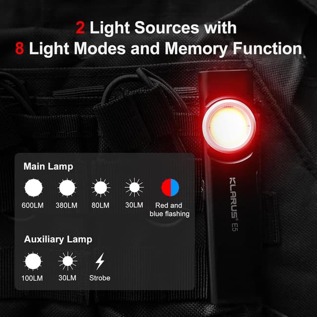 Detalle de Klarus Lampe de travail COB rechargeable USB‑C plate (600 lumens) avec base magnétique et clip