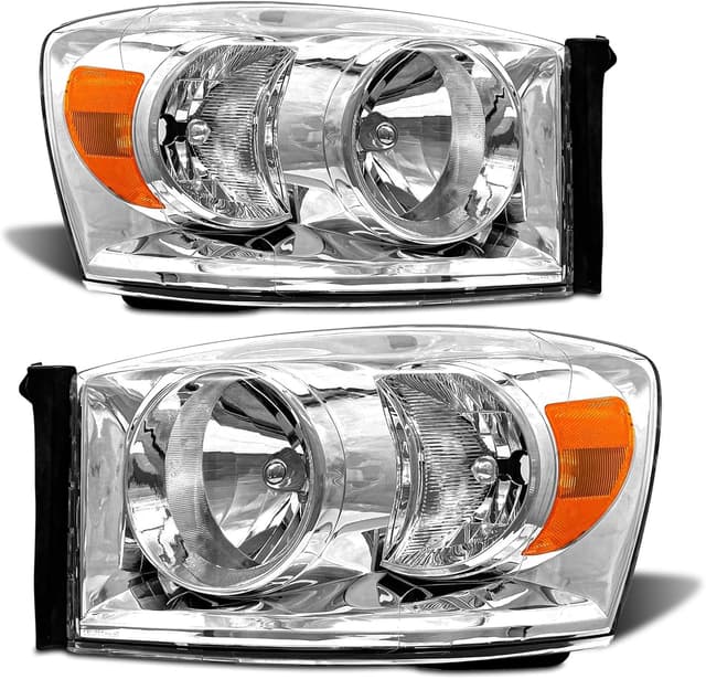 Detalle de ADCARLIGHTS Headlight Assembly Pair for 2006–2008 Dodge Ram 1500 and 2006–2009 Ram 2500/3500 (Clear Lens, Chrome Housing, Amber Reflector) — W/O Bulbs