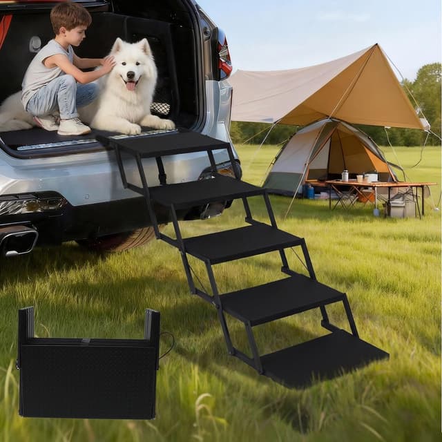Detalle de Niubya Foldable Dog Steps & Pet Stairs for Cars, SUVs, Trucks (5 Steps) – Aluminium Frame Ramp
