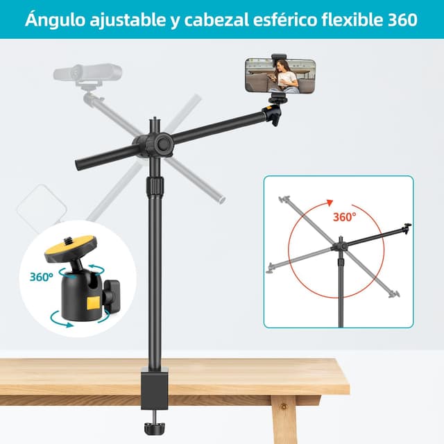 Detalle de JEBUTU OS02 Kamera-Tischstativ Overhead mit flexiblem Arm, C-Klemme und 1/4" Kugelkopf (31–57 cm)