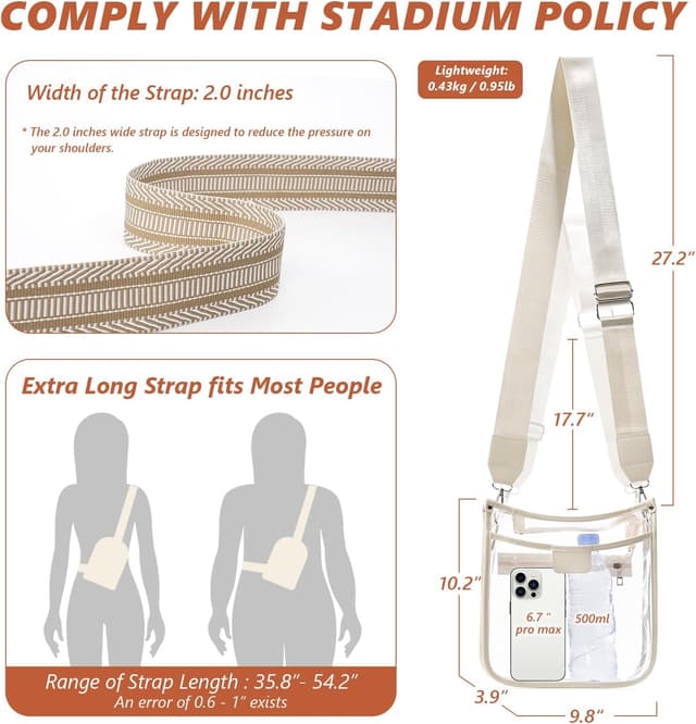 Detalle de QOECI Large 3-Pocket Clear Stadium Bag with 2 Extra-Long Adjustable Straps (Stadium Approved)