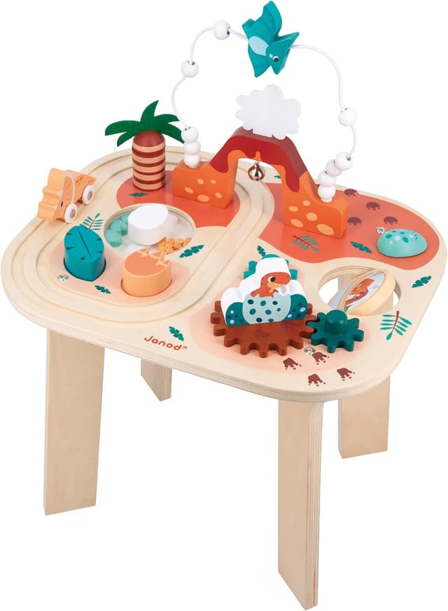 Detalle 2 de Janod Table d’Activités Dinosaure avec 8 activités (dès 12 mois) – Jouet d’éveil en bois FSC