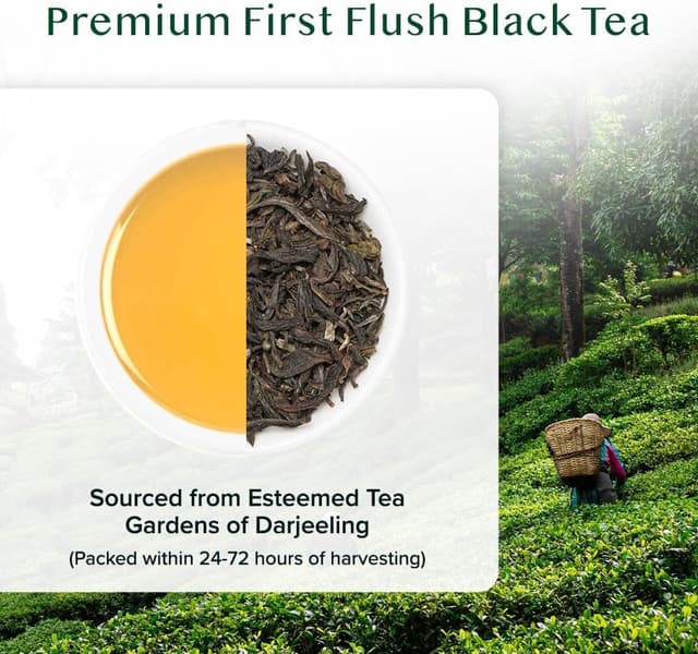Detalle de VAHDAM Tè Nero First Flush Darjeeling, 50 tazze (100 g) — foglie sciolte dal profilo floreale