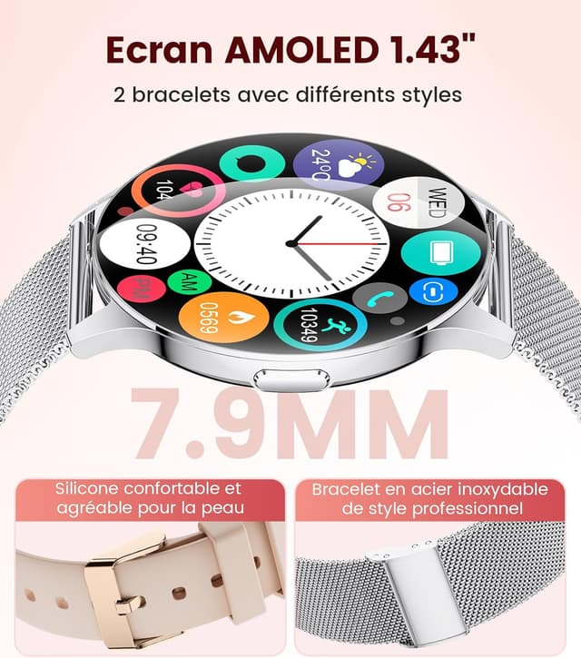 Detalle de LIGE FV21 : montre connectée femme AMOLED 1,43" avec 2 bracelets (argentée) et 120+ modes sportifs